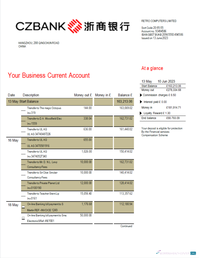 Download China Zheshang Bank business bank statement Word and PDF template Photoshop template